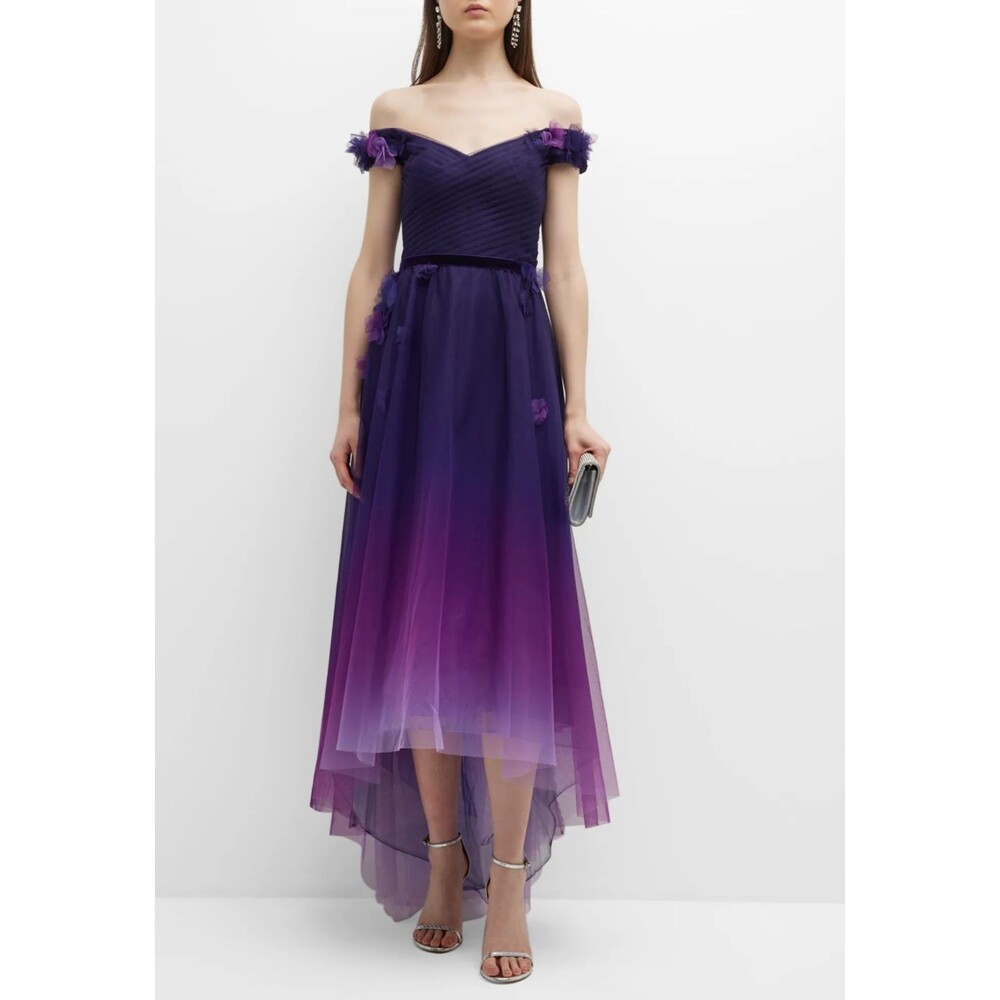 Marchesa Notte Designer Purple Ombre Off-The-Shoulder Long Gown Dress Med Tulle